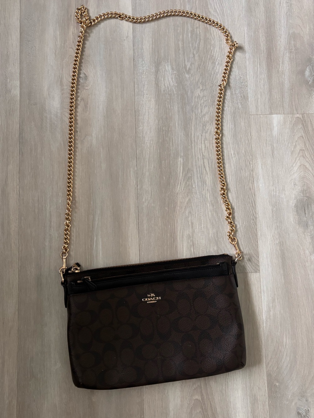 Coach Dark Brown Signature Gold Chain Crossbody